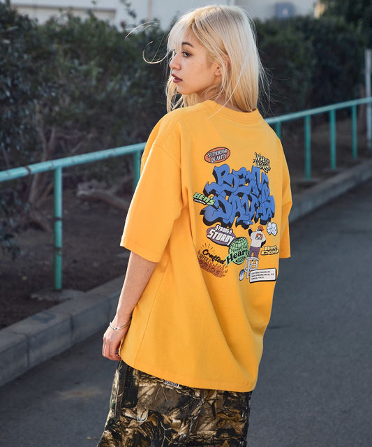 OVERLAP TEE / Tシャツ グラフィティ クルーネック オーバーサイズ ワンポイント イエロー