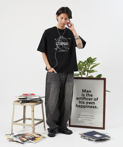 サークルアート線画プリントTシャツ / 男女兼用 レギュラーサイズ ワンポイント シンプル アートT ブラック