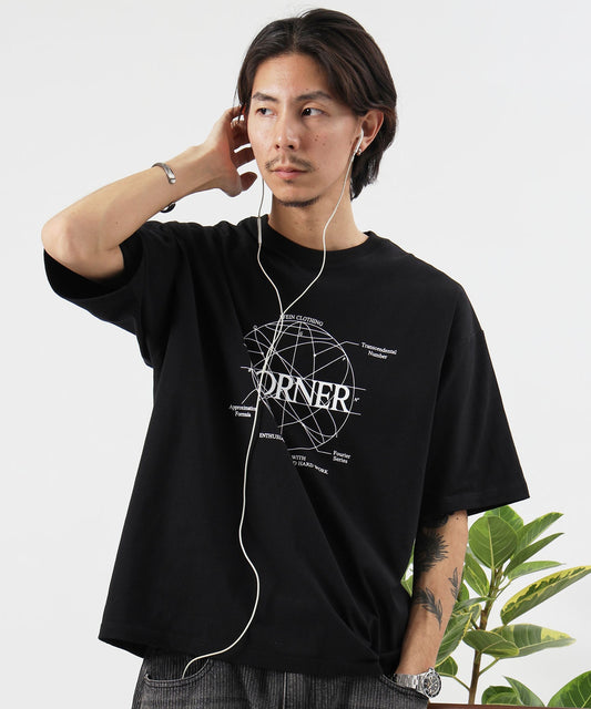 サークルアート線画プリントTシャツ / 男女兼用 レギュラーサイズ ワンポイント シンプル アートT ブラック