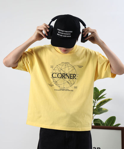 サークルアート線画プリントTシャツ / 男女兼用 レギュラーサイズ ワンポイント シンプル アートT イエロー