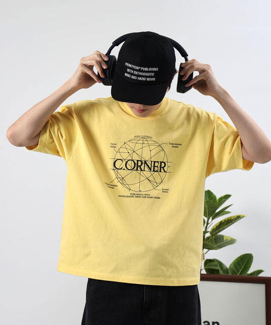 サークルアート線画プリントTシャツ / 男女兼用 レギュラーサイズ ワンポイント シンプル アートT イエロー