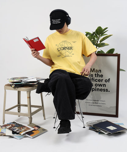 サークルアート線画プリントTシャツ / 男女兼用 レギュラーサイズ ワンポイント シンプル アートT イエロー