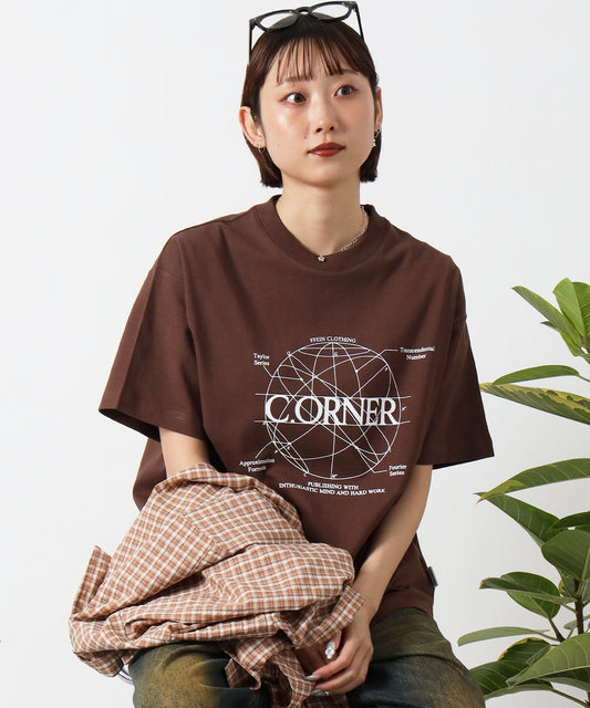 サークルアート線画プリントTシャツ / 男女兼用 レギュラーサイズ ワンポイント シンプル アートT ブラウン