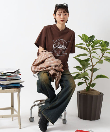 サークルアート線画プリントTシャツ / 男女兼用 レギュラーサイズ ワンポイント シンプル アートT ブラウン