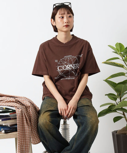 サークルアート線画プリントTシャツ / 男女兼用 レギュラーサイズ ワンポイント シンプル アートT ブラウン