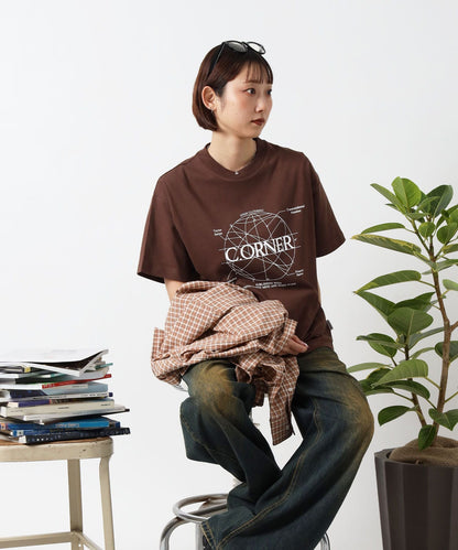 サークルアート線画プリントTシャツ / 男女兼用 レギュラーサイズ ワンポイント シンプル アートT ブラウン