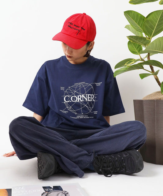 サークルアート線画プリントTシャツ / 男女兼用 レギュラーサイズ ワンポイント シンプル アートT ネイビー